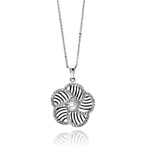 Sterling Silver Necklace with Fancy Flower Swirl Pattern Design Inlaid with Clear Czs PendantAnd Pendant Diameter of 23.2MM