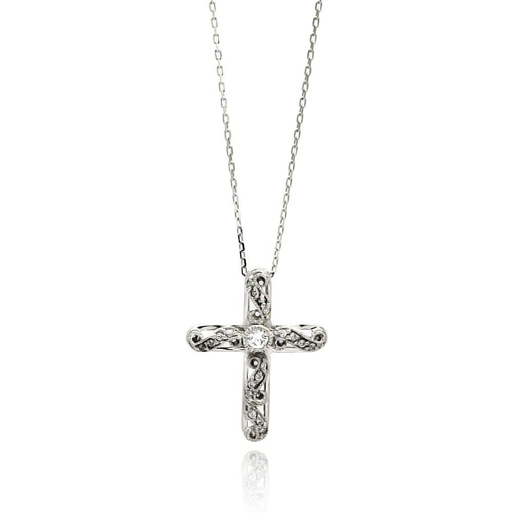 Sterling Silver Rhodium Plated Wave Cross CZ Necklace