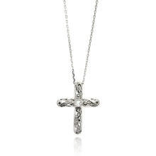 Load image into Gallery viewer, Sterling Silver Rhodium Plated Wave Cross CZ Necklace