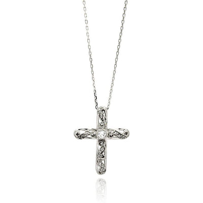 Sterling Silver Rhodium Plated Wave Cross CZ Necklace