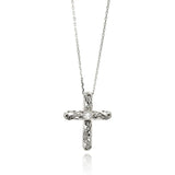 Sterling Silver Rhodium Plated Wave Cross CZ Necklace
