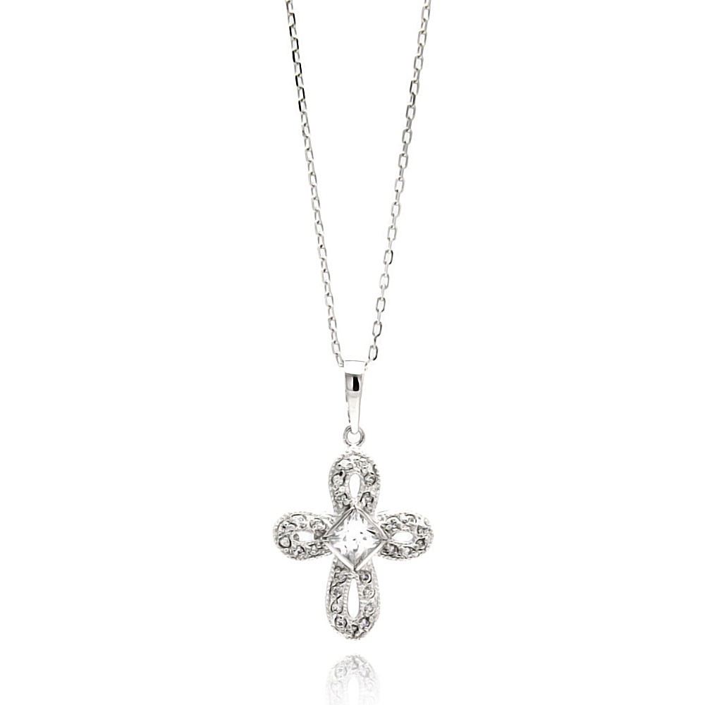 Sterling Silver Rhodium Plated Open Cross CZ Necklace
