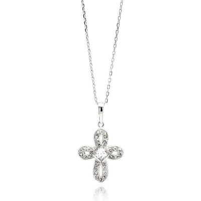 Sterling Silver Rhodium Plated Open Cross CZ Necklace