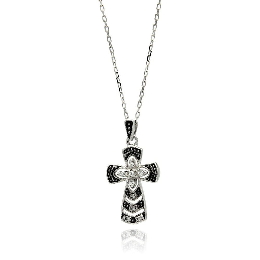 Sterling Silver Rhodium Plated Black Stripes CZ Necklace