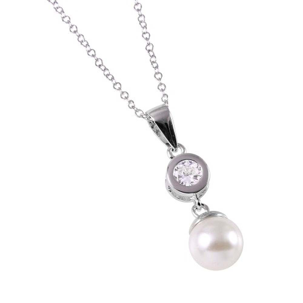 Sterling Silver CZ and Synthetic Pearl Drop Necklace