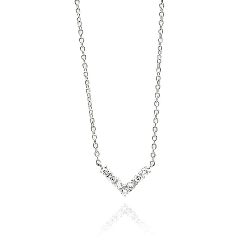 Sterling Silver Necklace with Paved Cz  V  Shaped PendantAnd Pendant Dimensions of 15MMx9MM