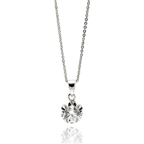 Sterling Silver Necklace with Small Flower Centered with Round Cut Clear Cz PendantAnd Chain Length of 16 -18 And Pendant Diameter: 9.44MM