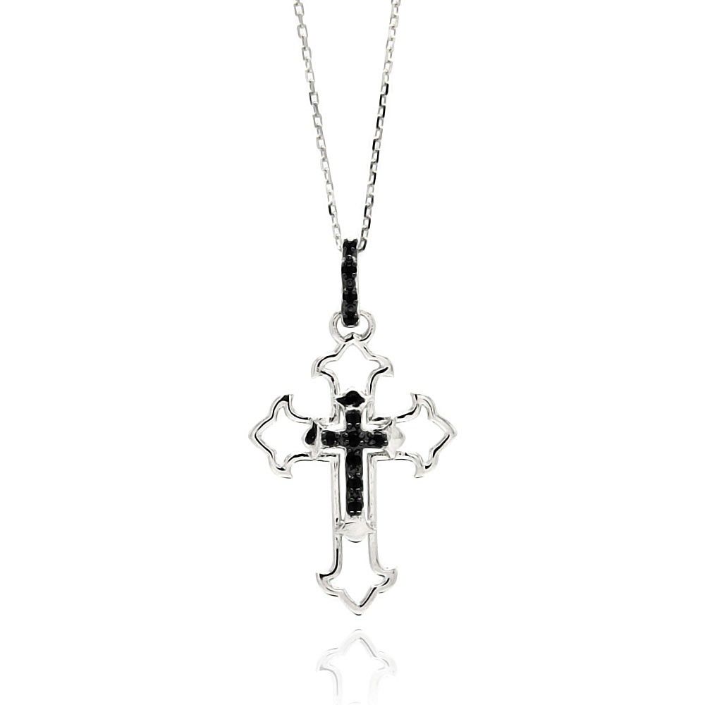 Sterling Silver Rhodium Plated Open Cross Black and Clear CZ  Necklace