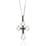 Sterling Silver Rhodium Plated Open Cross Black and Clear CZ  Necklace