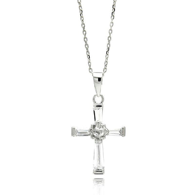 Sterling Silver Rhodium Plated Cross CZ Necklace