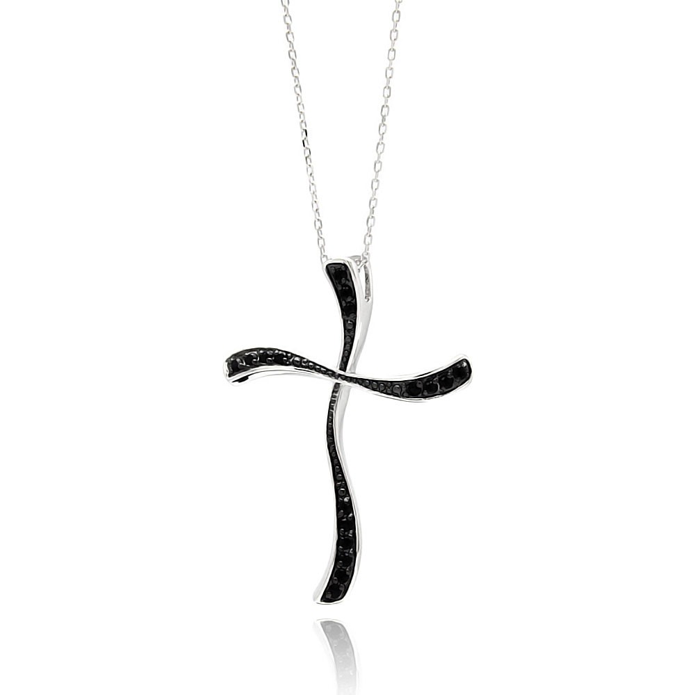 Sterling Silver Rhodium Plated Black Cross CZ Necklace