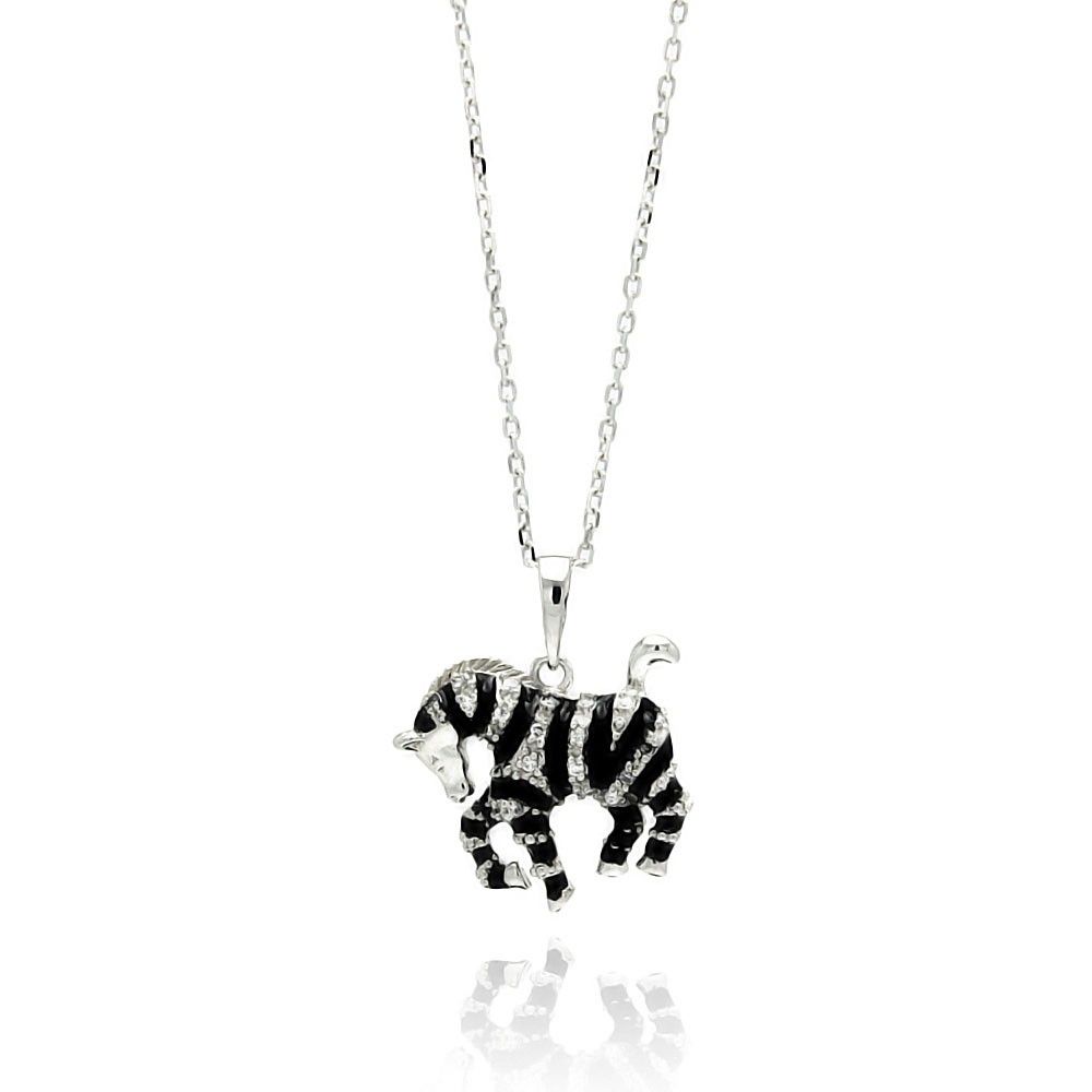 Sterling Silver Necklace with Fancy Black Onyx Zebra Inlaid with Clear Czs PendantAnd Chain Length of 16 -18 And Pendant Dimensions: 18MMx17.6MM