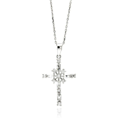 Sterling Silver Rhodium Plated Cross CZ Necklace
