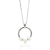 Sterling Silver Necklace with Stylish Open Circle Pendant with Three Graduated White Pearls and Inlaid with Clear CzsAnd Pendant Diameter of 22.3MM