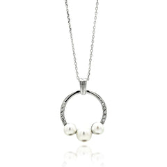 Sterling Silver Necklace with Stylish Open Circle Pendant with Three Graduated White Pearls and Inlaid with Clear CzsAnd Pendant Diameter of 22.3MM