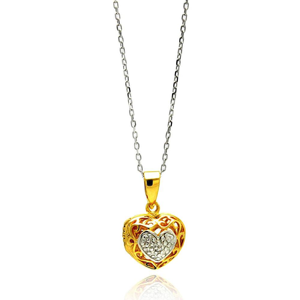 Sterling Silver Necklace with Two-Toned Heart Locket Inlaid with Clear Czs PendantAnd Pendant Dimensions of 12.4MMx13.6MM