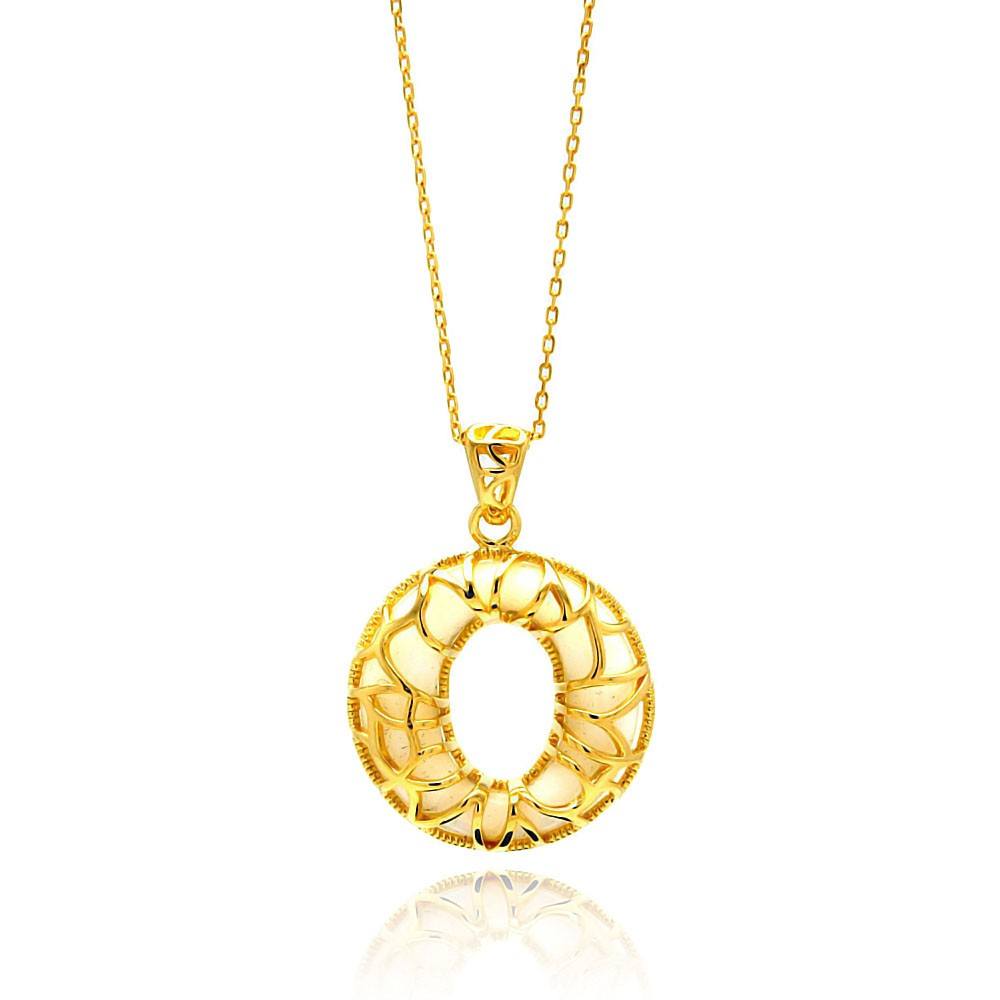Sterling Silver Gold Plated Open O Filigree CZ Center White Onyx Necklace
