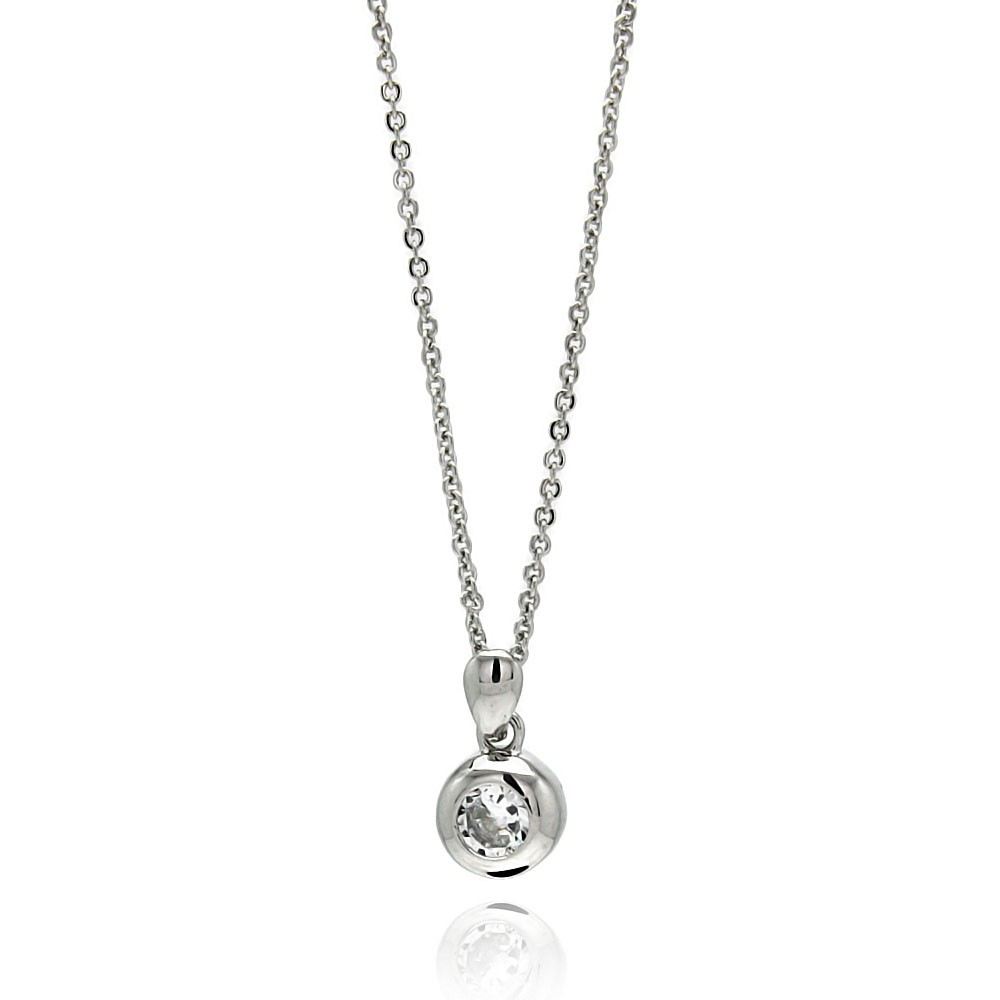 Sterling Silver Necklace with Centered Round Cut Clear Cz on High Polished Bezel Setting PendantAnd Pendant Diameter of 7.3MM
