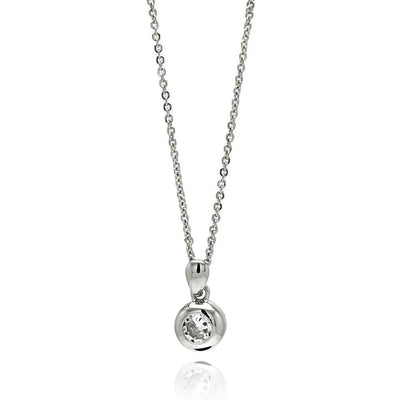 Sterling Silver Necklace with Centered Round Cut Clear Cz on High Polished Bezel Setting PendantAnd Pendant Diameter of 7.3MM
