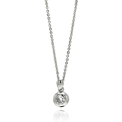 Sterling Silver Necklace with Centered Round Cut Clear Cz on High Polished Bezel Setting PendantAnd Pendant Diameter of 7.3MM