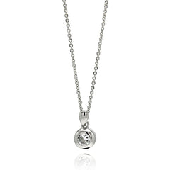 Sterling Silver Necklace with Centered Round Cut Clear Cz on High Polished Bezel Setting PendantAnd Pendant Diameter of 7.3MM