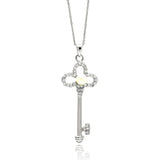 Sterling Silver Necklace with Fancy Clover Key Pendant with Centered White Pearl and Clear Czs InlaidAnd Chain Length of 16 -18  AdjustableAnd Pendant Dimension: 47.6MMx20MM