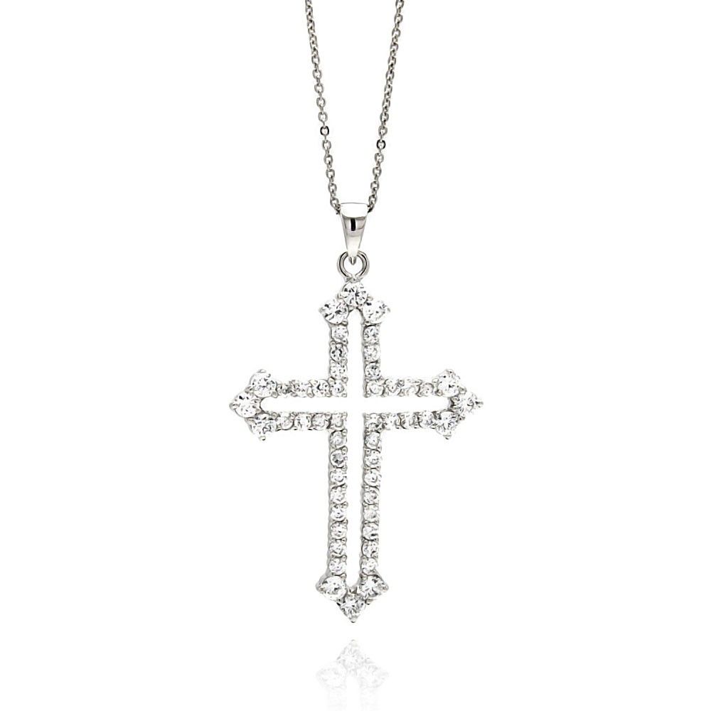 Sterling Silver Rhodium Plated Open Cross CZ Necklace