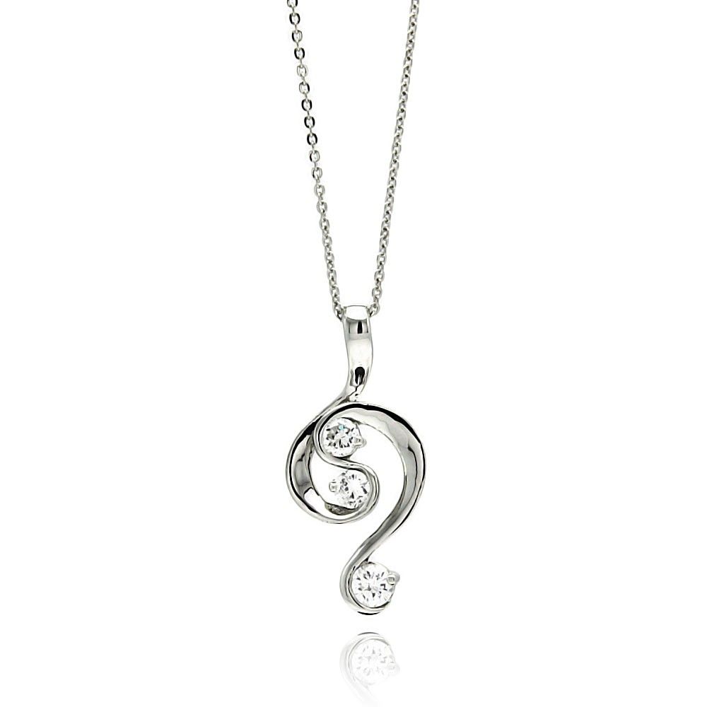 Sterling Silver Necklace with Classy High Polished Spiral Pendant Set with Three Round Clear CzsAnd Chain Length of 16 -18 And Pendant Dimensions: 31.6MMx14.7MM