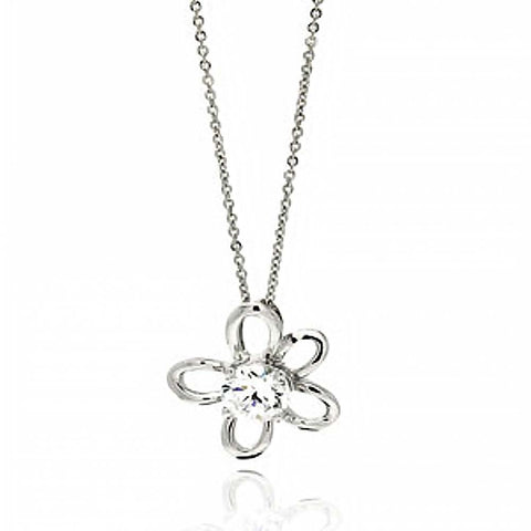 Sterling Silver Necklace with Fancy Open Flower with Centered Round Cut Clear Cz Pendant And Pendant Diameter of 17.3MM