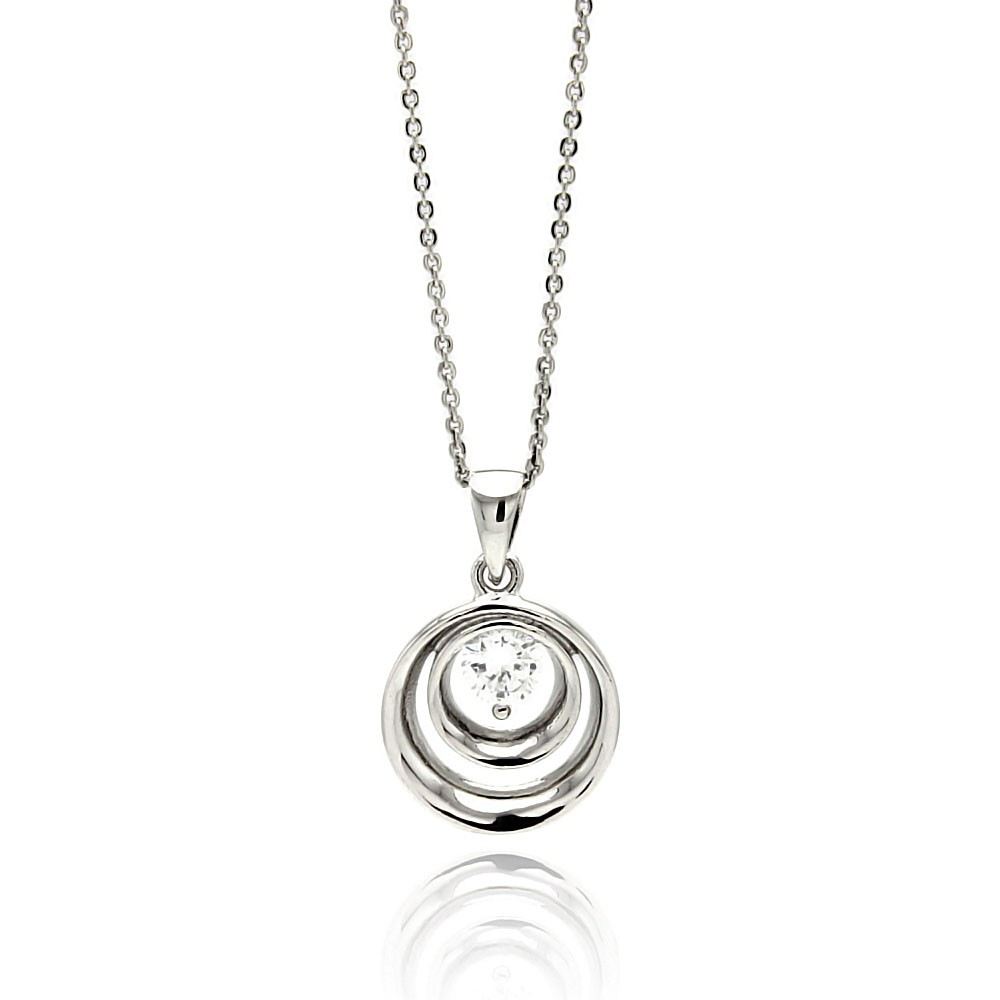 Sterling Silver Necklace with High Polished Double Open Circle Pendant Set with Round Clear Cz on Center. Pendant Diameter of 15.4MM