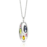 Sterling Silver Necklace with Fancy Oval Pendant Inlaid with Multi-Colored CzsAnd Chain Length of 16 -18 And Pendant Dimensions: 37.9MMx16.3MM