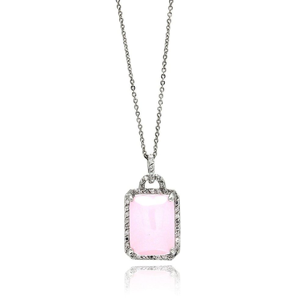 Sterling Silver Necklace with Elegant Radiant Cut Pink Stone Pendant with Paved Clear Czs on Halo SettingAnd Chain Length of 16 -18 And Pendant Dimensions: 22.5MMx14.6MM