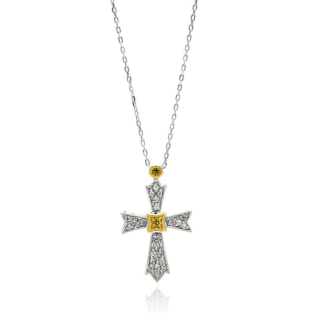 Sterling Silver Gold and Rhodium Plated Cross Two Toned CZ Necklace