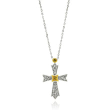 Load image into Gallery viewer, Sterling Silver Gold and Rhodium Plated Cross Two Toned CZ Necklace