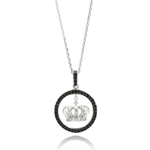 Load image into Gallery viewer, Sterling Silver Necklace with Paved Black Czs Open Circle Centered with Crown Inlaid with Clear Czs PendantAnd Chain Length of 16 -18 And Pendant Diameter: 20MM