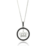 Sterling Silver Necklace with Paved Black Czs Open Circle Centered with Crown Inlaid with Clear Czs PendantAnd Chain Length of 16 -18 And Pendant Diameter: 20MM