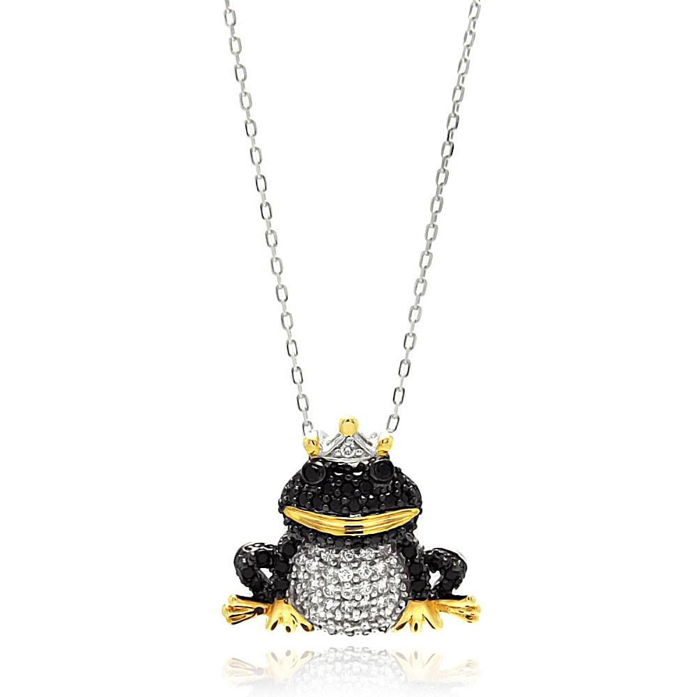Sterling Silver Necklace with Three-Toned Paved Black and Clear Czs Frog Prince PendantAnd Chain Length of 16 -18 And Pendant Dimensions: 20MMx22MM