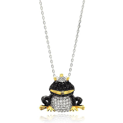 Sterling Silver Necklace with Three-Toned Paved Black and Clear Czs Frog Prince PendantAnd Chain Length of 16 -18 And Pendant Dimensions: 20MMx22MM