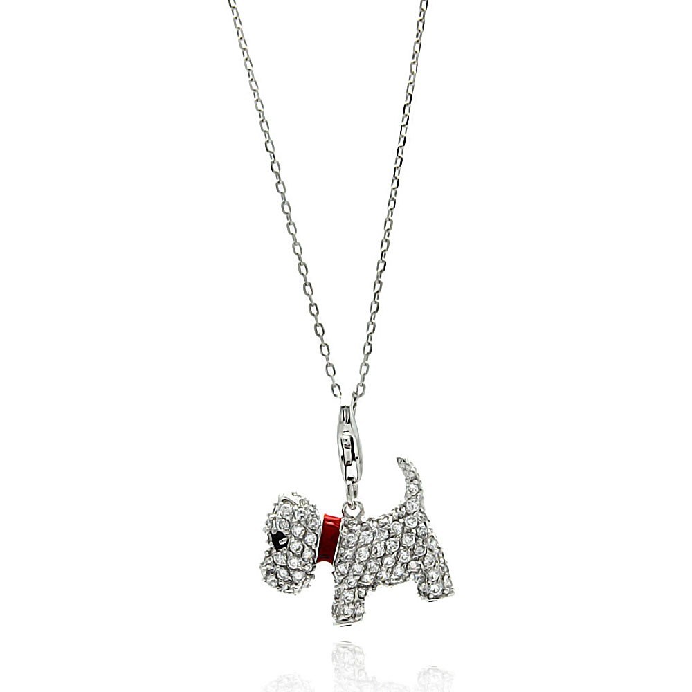 Sterling Silver Necklace with Red Enamel Collar Puppy Inlaid with Clear Czs PendantAnd Chain Length of 16 -18 And Pendant Dimesnions: 17MMx20MM