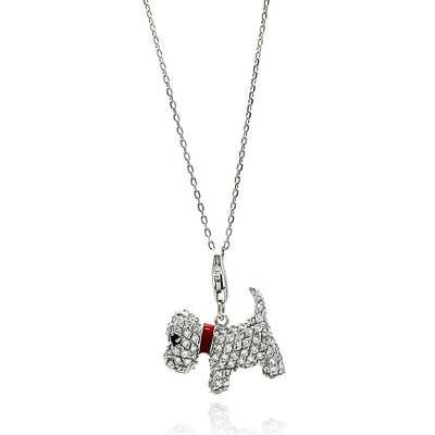 Sterling Silver Necklace with Red Enamel Collar Puppy Inlaid with Clear Czs PendantAnd Chain Length of 16 -18 And Pendant Dimesnions: 17MMx20MM