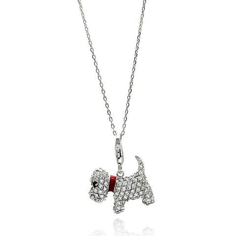 Sterling Silver Necklace with Red Enamel Collar Puppy Inlaid with Clear Czs PendantAnd Chain Length of 16 -18 And Pendant Dimesnions: 17MMx20MM