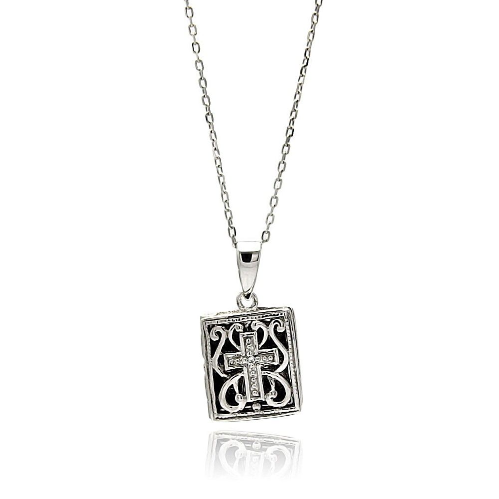 Sterling Silver Necklace with Antique Style Inlaid with Czs Cross Locket PendantAnd Chain Length of 16 -18  AdjustableAnd Pendant Dimensions: 14MMx12MM