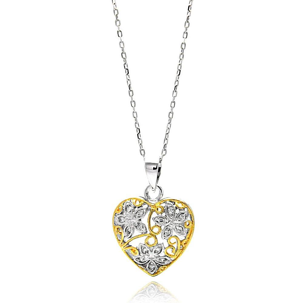Sterling Silver Necklace with Antique Style Two-Toned Filigree Heart with Flower Design Inlaid with Clear Czs PendantAnd Pendant Dimensions of 20MMx17.7MM