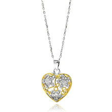 Load image into Gallery viewer, Sterling Silver Necklace with Antique Style Two-Toned Filigree Heart with Flower Design Inlaid with Clear Czs PendantAnd Pendant Dimensions of 20MMx17.7MM