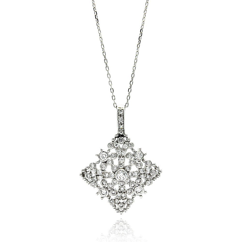 Sterling Silver Necklace with Antique Style Diamond Shaped Filigree Czs PendantAnd Chain Length of 16 -18 And Pendant Dimensions: 35.2MMx26.3MM