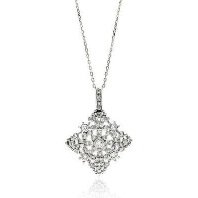 Sterling Silver Necklace with Antique Style Diamond Shaped Filigree Czs PendantAnd Chain Length of 16 -18 And Pendant Dimensions: 35.2MMx26.3MM