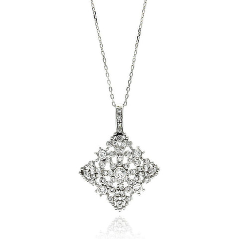 Sterling Silver Necklace with Antique Style Diamond Shaped Filigree Czs PendantAnd Chain Length of 16 -18 And Pendant Dimensions: 35.2MMx26.3MM