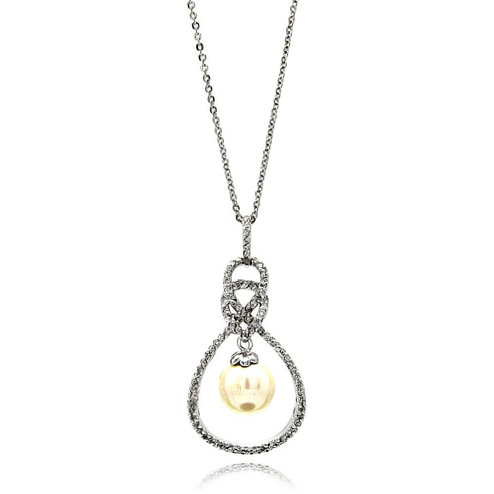 Sterling Silver Necklace with Fancy Paved Czs Open Teardrop Centered with Hanging Pearl PendantAnd Chain Length of 16 -18  AdjustableAnd Pendant Dimensions: 30MMx18MM Pearl: 8MM