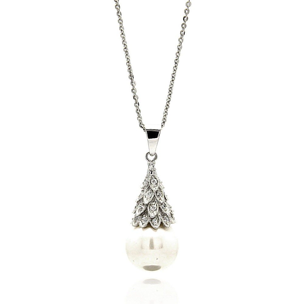 Sterling Silver Necklace with Fancy Multi Leafs Cone Pearl Cap with Hanging White Pearl PendantAnd Chain Length of 16 -18 And Pendant Dimensions: 26MMx11MM