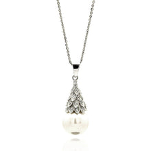 Load image into Gallery viewer, Sterling Silver Necklace with Fancy Multi Leafs Cone Pearl Cap with Hanging White Pearl PendantAnd Chain Length of 16 -18 And Pendant Dimensions: 26MMx11MM